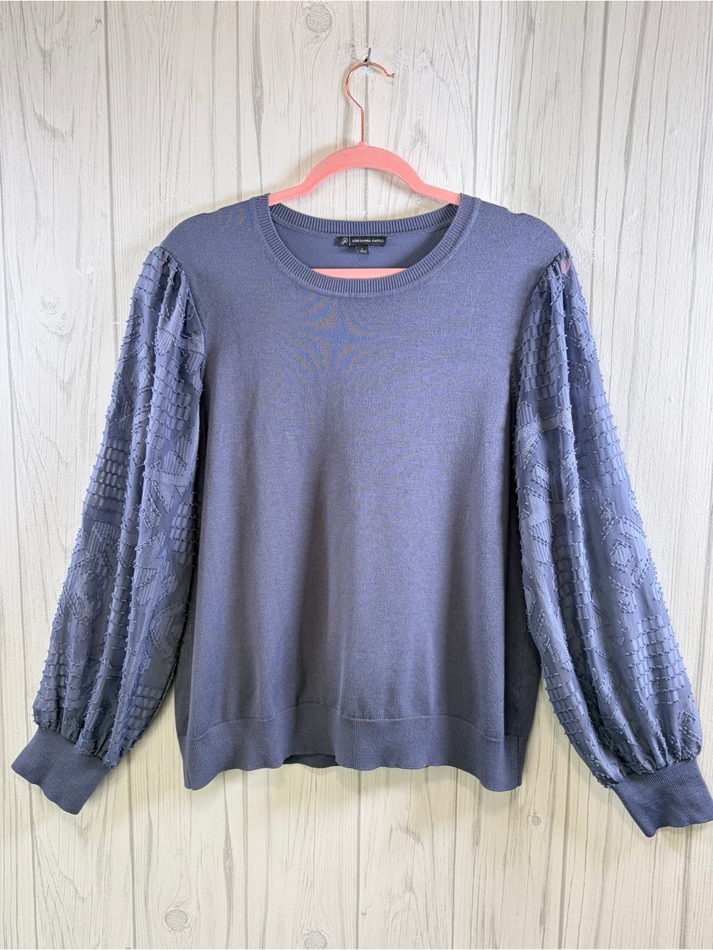 ADRIANNA PAPELL Boho Embroidered Chiffon Balloon Sleeve Blue Knit Top, Medium
